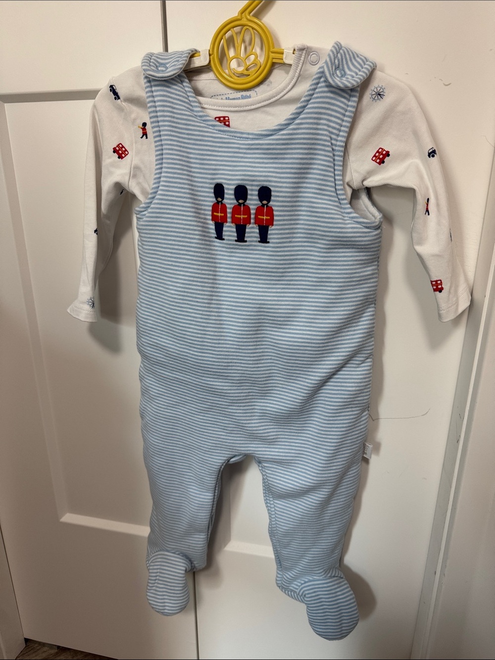 JoJo Maman Bebe padded Light Blue Striped Footed Two-Piece with Guard Embroidery